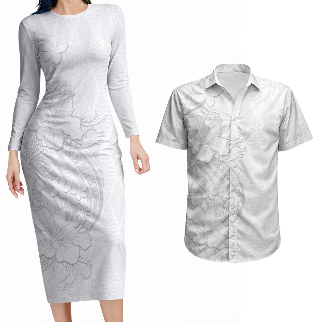 Tokelau White Sunday Couples Matching Long Sleeve Bodycon Dress and Hawaiian Shirt Elegant Hibiscus Polynesian Tribal Pattern