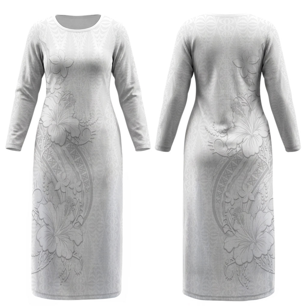 Tokelau White Sunday Couples Matching Long Sleeve Bodycon Dress and Hawaiian Shirt Elegant Hibiscus Polynesian Tribal Pattern