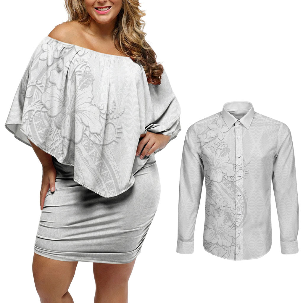 Tokelau White Sunday Couples Matching Off Shoulder Short Dress and Long Sleeve Button Shirt Elegant Hibiscus Polynesian Tribal Pattern