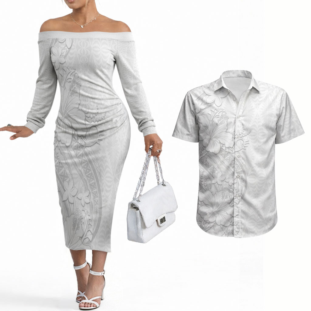 Tokelau White Sunday Couples Matching Off The Shoulder Long Sleeve Dress and Hawaiian Shirt Elegant Hibiscus Polynesian Tribal Pattern