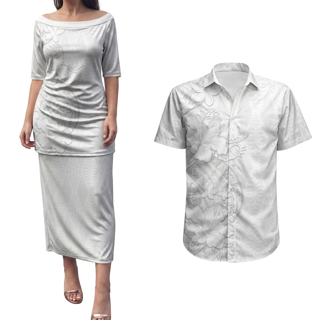 Tokelau White Sunday Couples Matching Puletasi and Hawaiian Shirt Elegant Hibiscus Polynesian Tribal Pattern