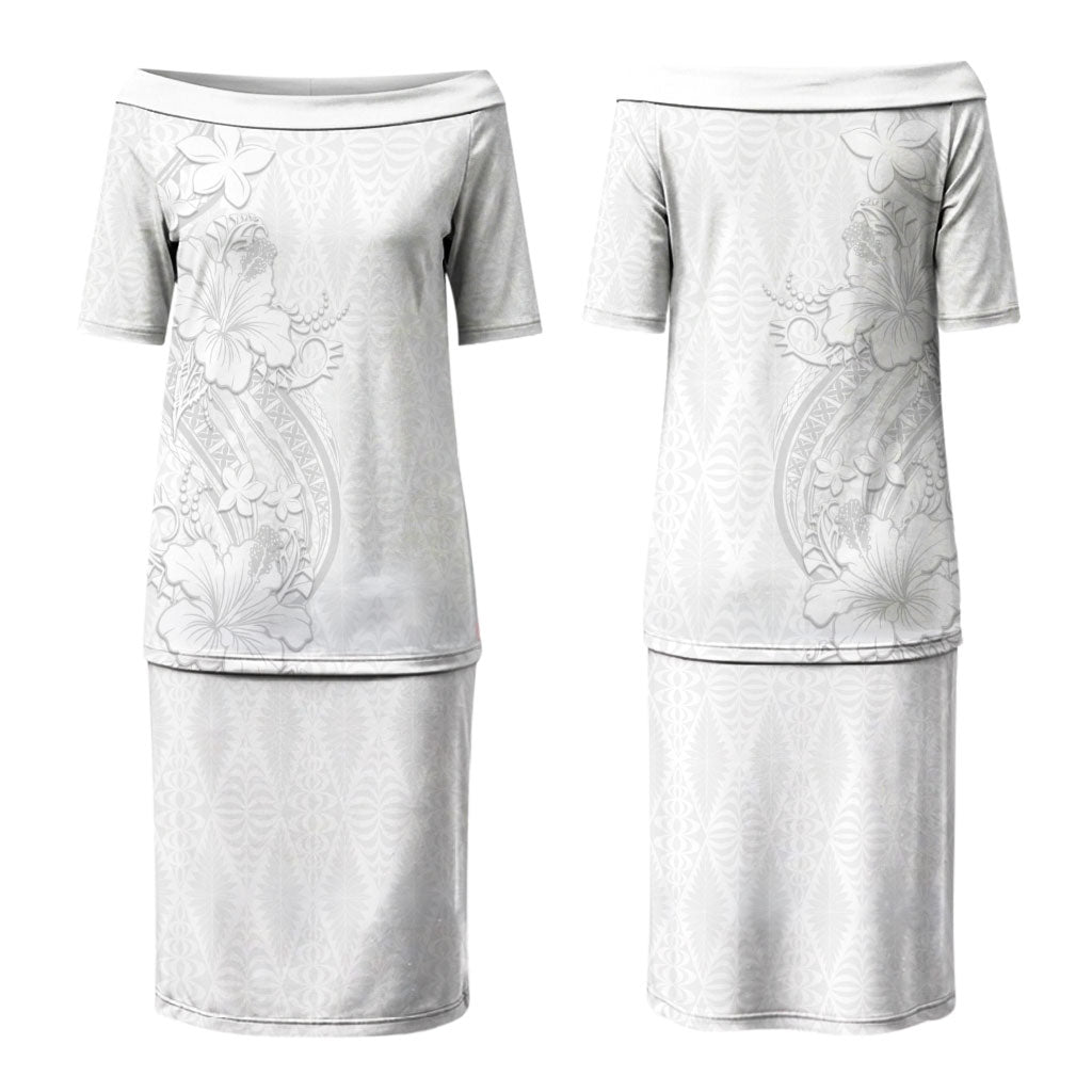 Tokelau White Sunday Couples Matching Puletasi and Long Sleeve Button Shirt Elegant Hibiscus Polynesian Tribal Pattern