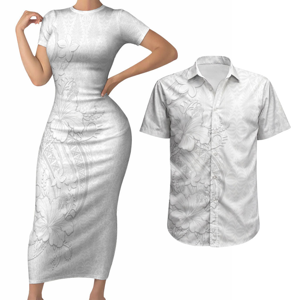 Tokelau White Sunday Couples Matching Short Sleeve Bodycon Dress and Hawaiian Shirt Elegant Hibiscus Polynesian Tribal Pattern