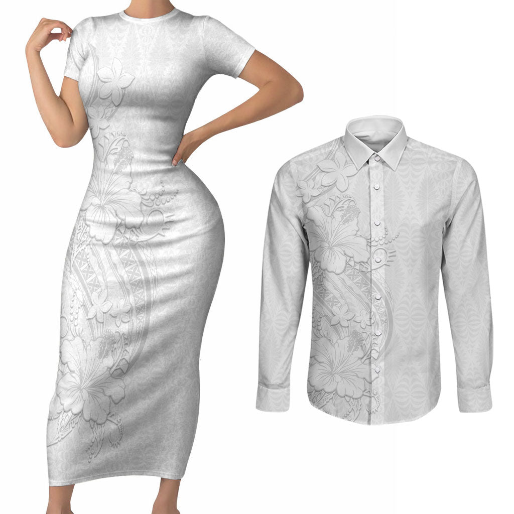 Tokelau White Sunday Couples Matching Short Sleeve Bodycon Dress and Long Sleeve Button Shirt Elegant Hibiscus Polynesian Tribal Pattern