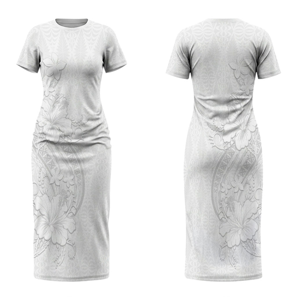 Tokelau White Sunday Couples Matching Short Sleeve Bodycon Dress and Long Sleeve Button Shirt Elegant Hibiscus Polynesian Tribal Pattern