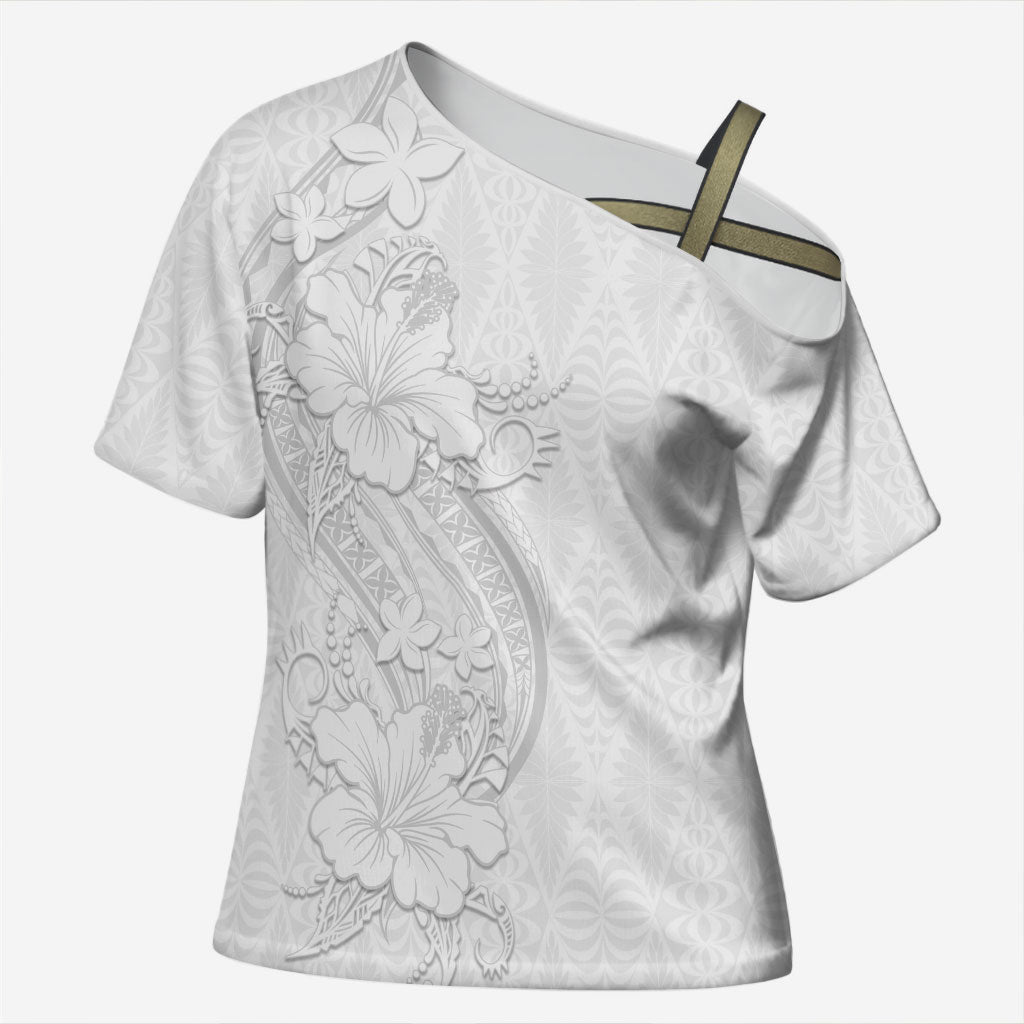 Tokelau White Sunday Cross Shoulder Shirt Elegant Hibiscus Polynesian Tribal Pattern