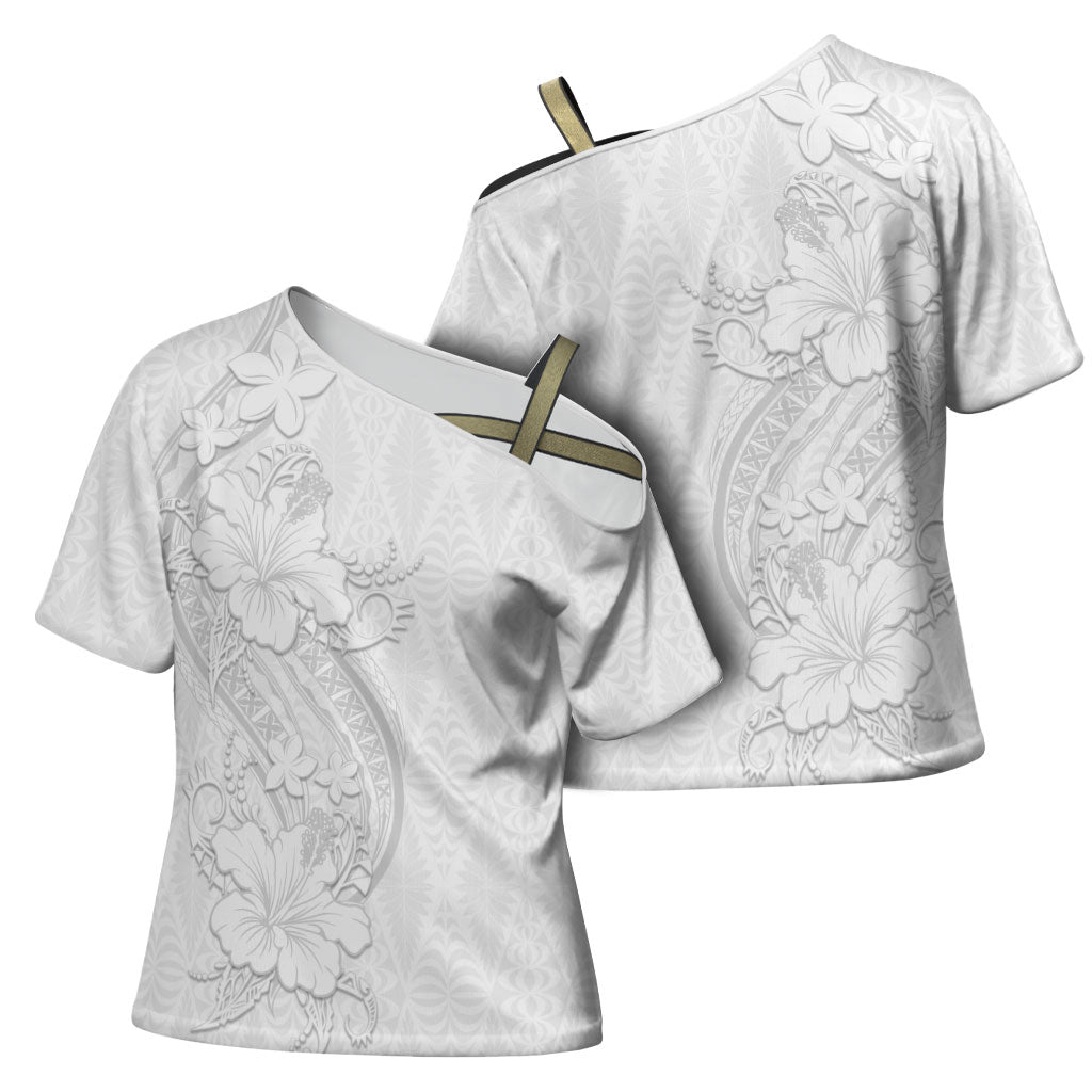Tokelau White Sunday Cross Shoulder Shirt Elegant Hibiscus Polynesian Tribal Pattern