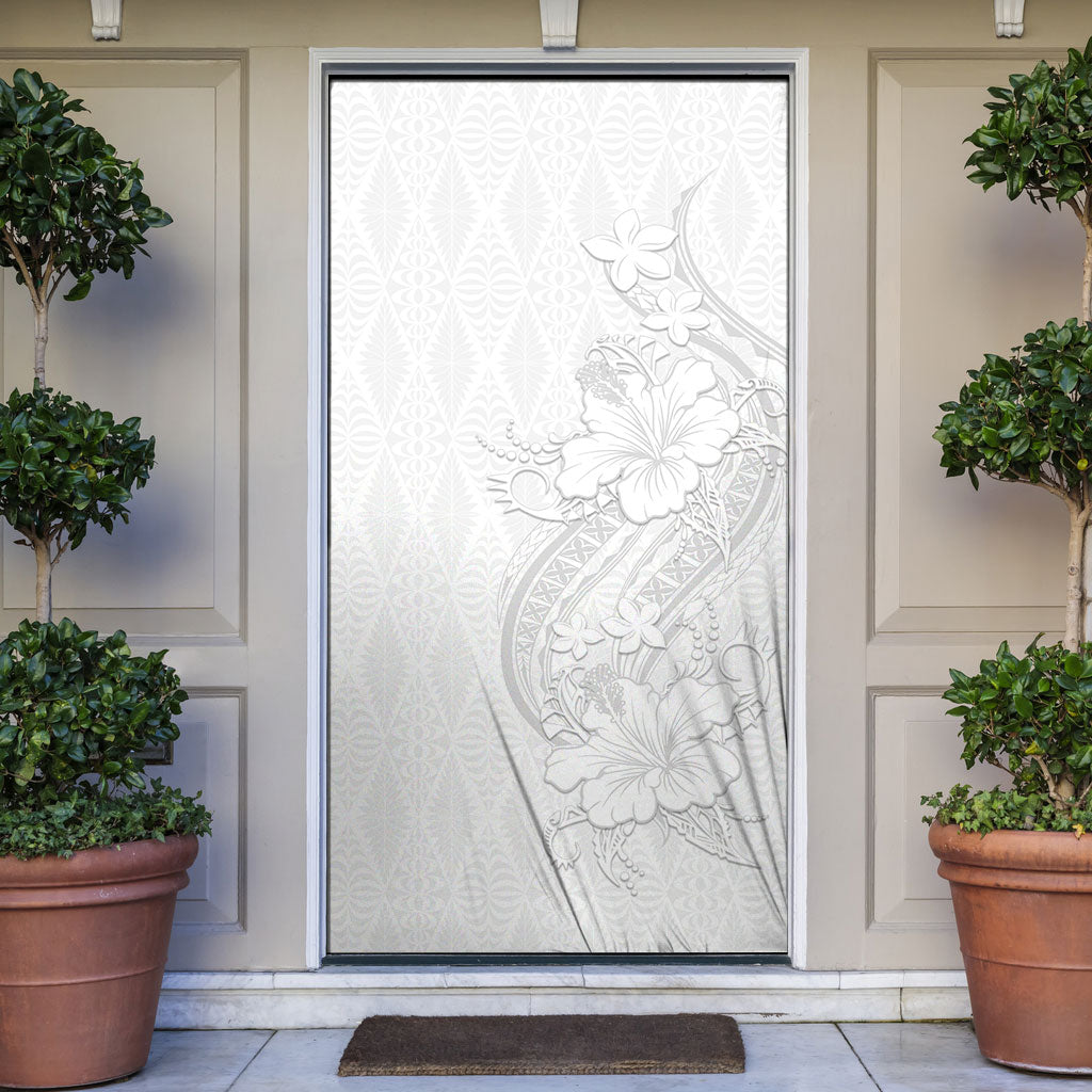 Tokelau White Sunday Door Cover Elegant Hibiscus Polynesian Tribal Pattern