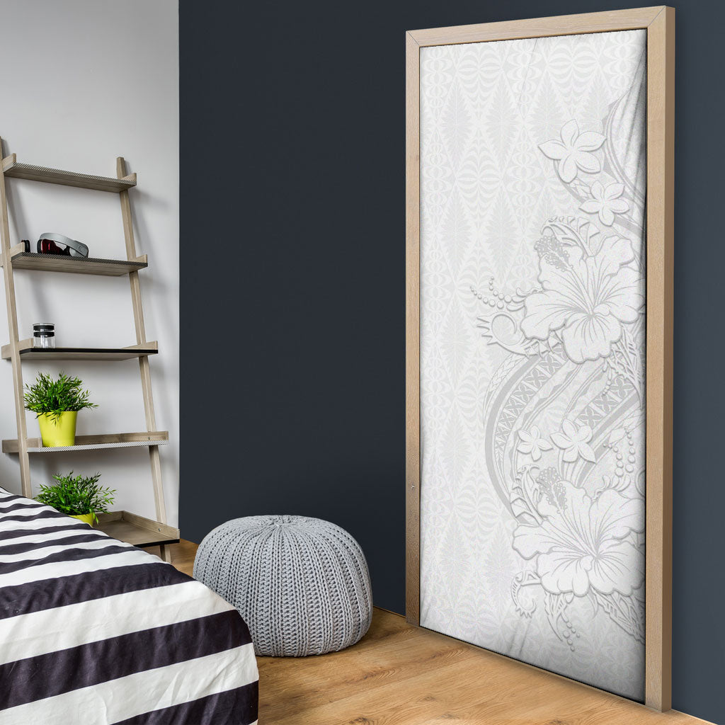 Tokelau White Sunday Door Cover Elegant Hibiscus Polynesian Tribal Pattern