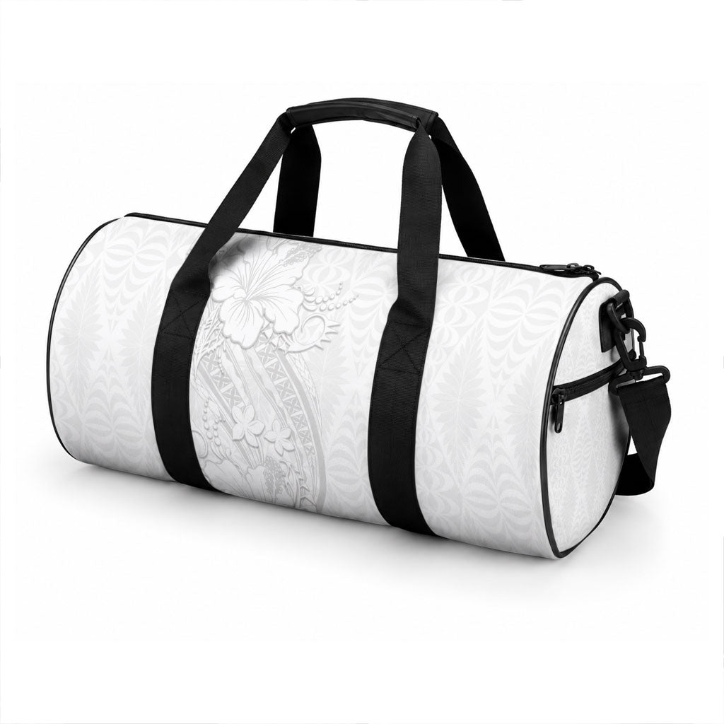 Tokelau White Sunday Duffle Bag Elegant Hibiscus Polynesian Tribal Pattern