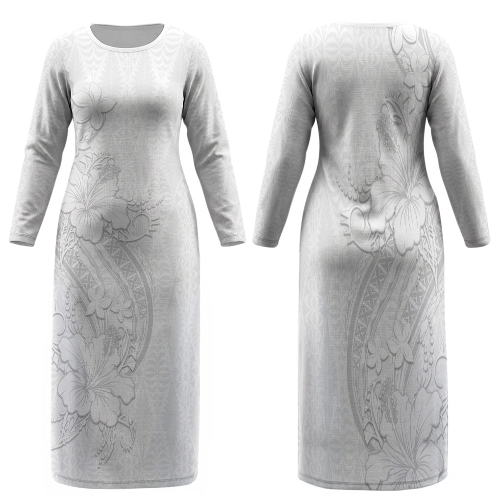 Tokelau White Sunday Family Matching Long Sleeve Bodycon Dress and Hawaiian Shirt Elegant Hibiscus Polynesian Tribal Pattern