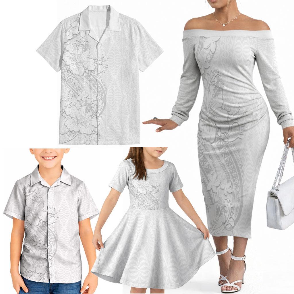 Tokelau White Sunday Family Matching Off The Shoulder Long Sleeve Dress and Hawaiian Shirt Elegant Hibiscus Polynesian Tribal Pattern