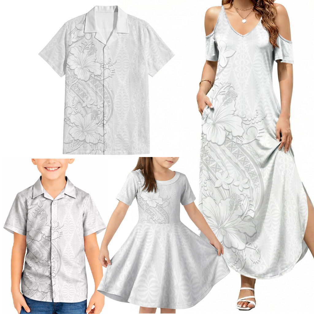 Tokelau White Sunday Family Matching Summer Maxi Dress and Hawaiian Shirt Elegant Hibiscus Polynesian Tribal Pattern