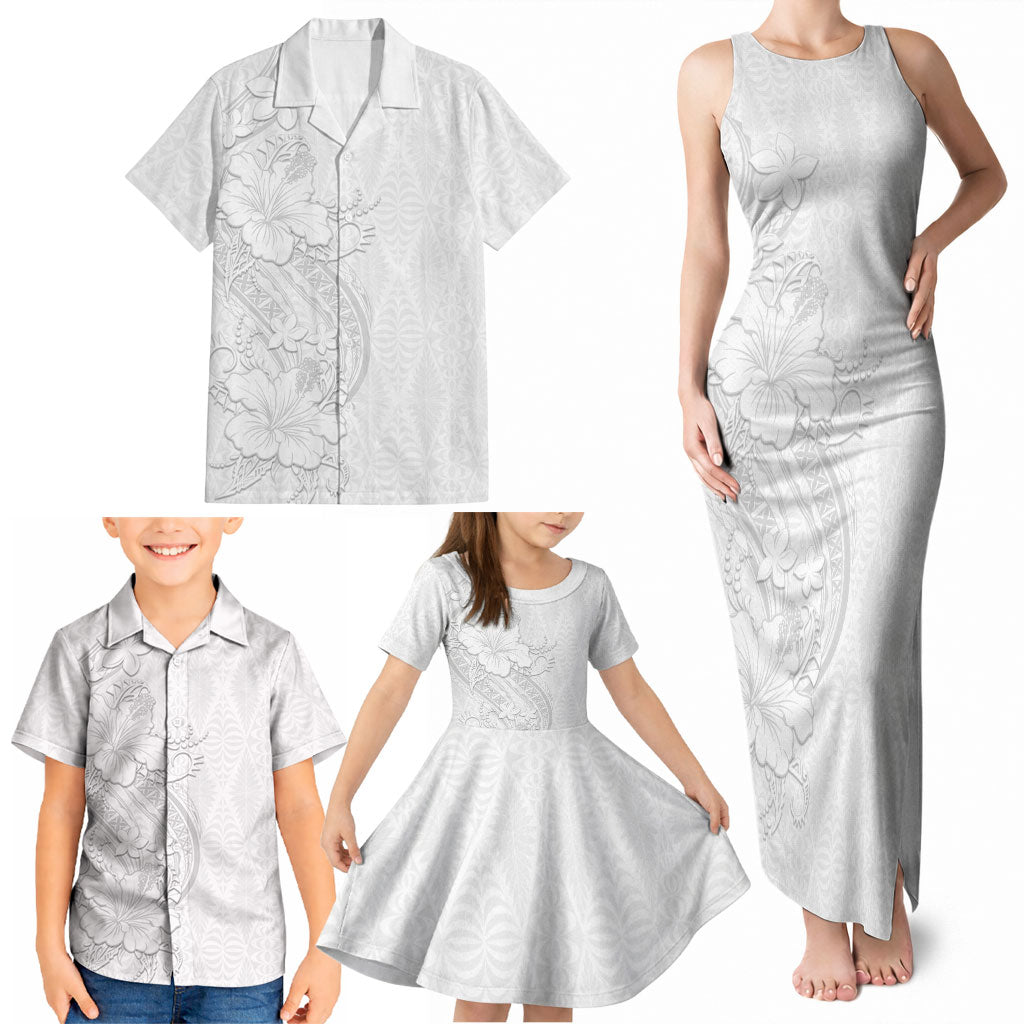 Tokelau White Sunday Family Matching Tank Maxi Dress and Hawaiian Shirt Elegant Hibiscus Polynesian Tribal Pattern