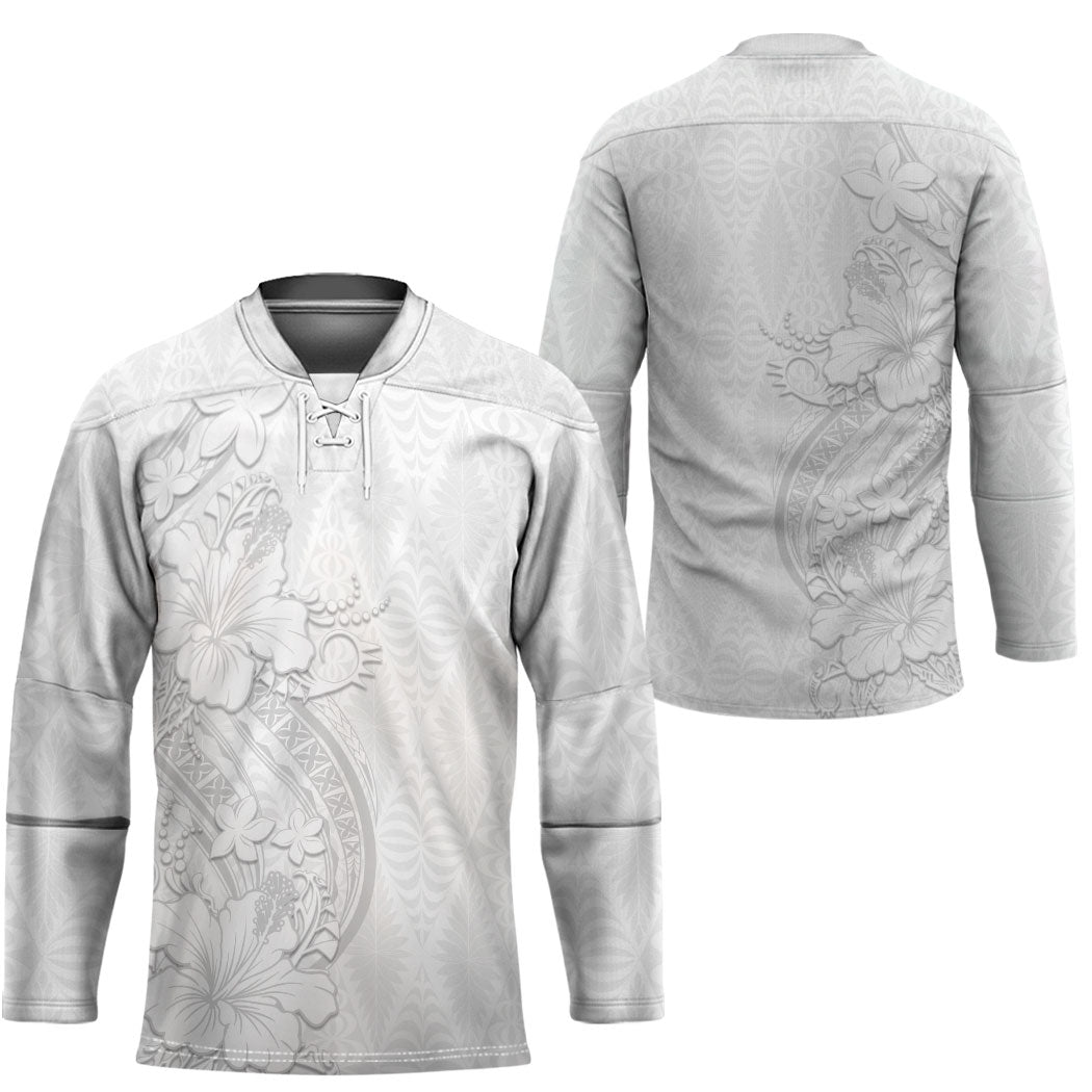 Tokelau White Sunday Hockey Jersey Elegant Hibiscus Polynesian Tribal Pattern
