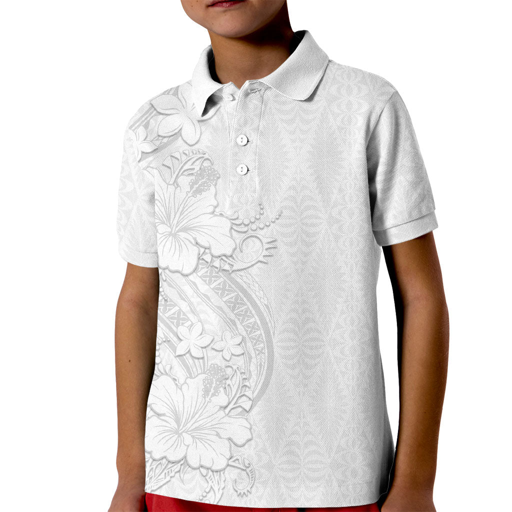 Tokelau White Sunday Kid Polo Shirt Elegant Hibiscus Polynesian Tribal Pattern