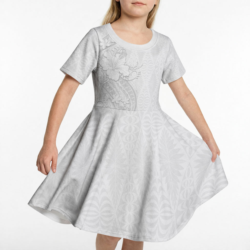 Tokelau White Sunday Kid Short Sleeve Dress Elegant Hibiscus Polynesian Tribal Pattern