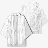 Tokelau White Sunday Kimono Elegant Hibiscus Polynesian Tribal Pattern