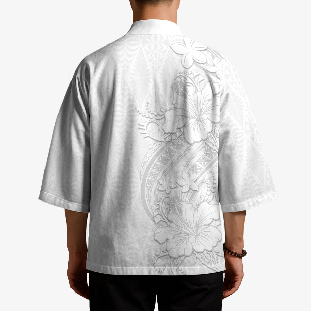 Tokelau White Sunday Kimono Elegant Hibiscus Polynesian Tribal Pattern