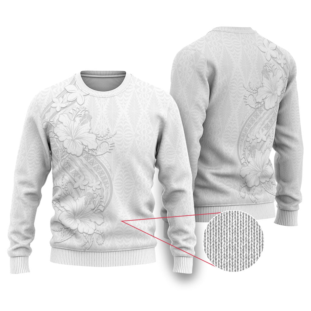 Tokelau White Sunday Ugly Christmas Sweater Elegant Hibiscus Polynesian Tribal Pattern LT05 White - Polynesian Pride