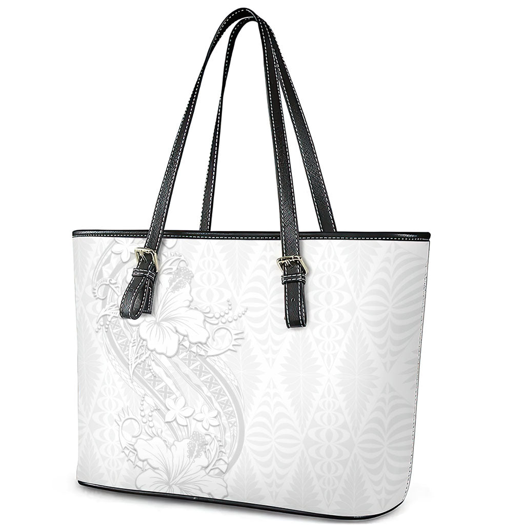 Tokelau White Sunday Leather Tote Bag Elegant Hibiscus Polynesian Tribal Pattern