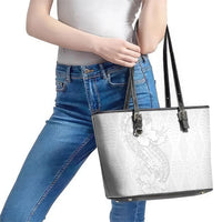 Tokelau White Sunday Leather Tote Bag Elegant Hibiscus Polynesian Tribal Pattern