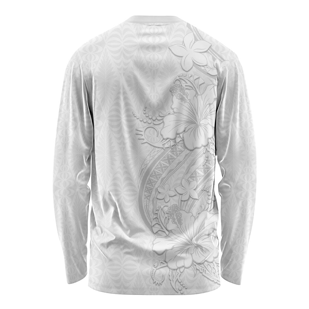 Tokelau White Sunday Long Sleeve Shirt Elegant Hibiscus Polynesian Tribal Pattern
