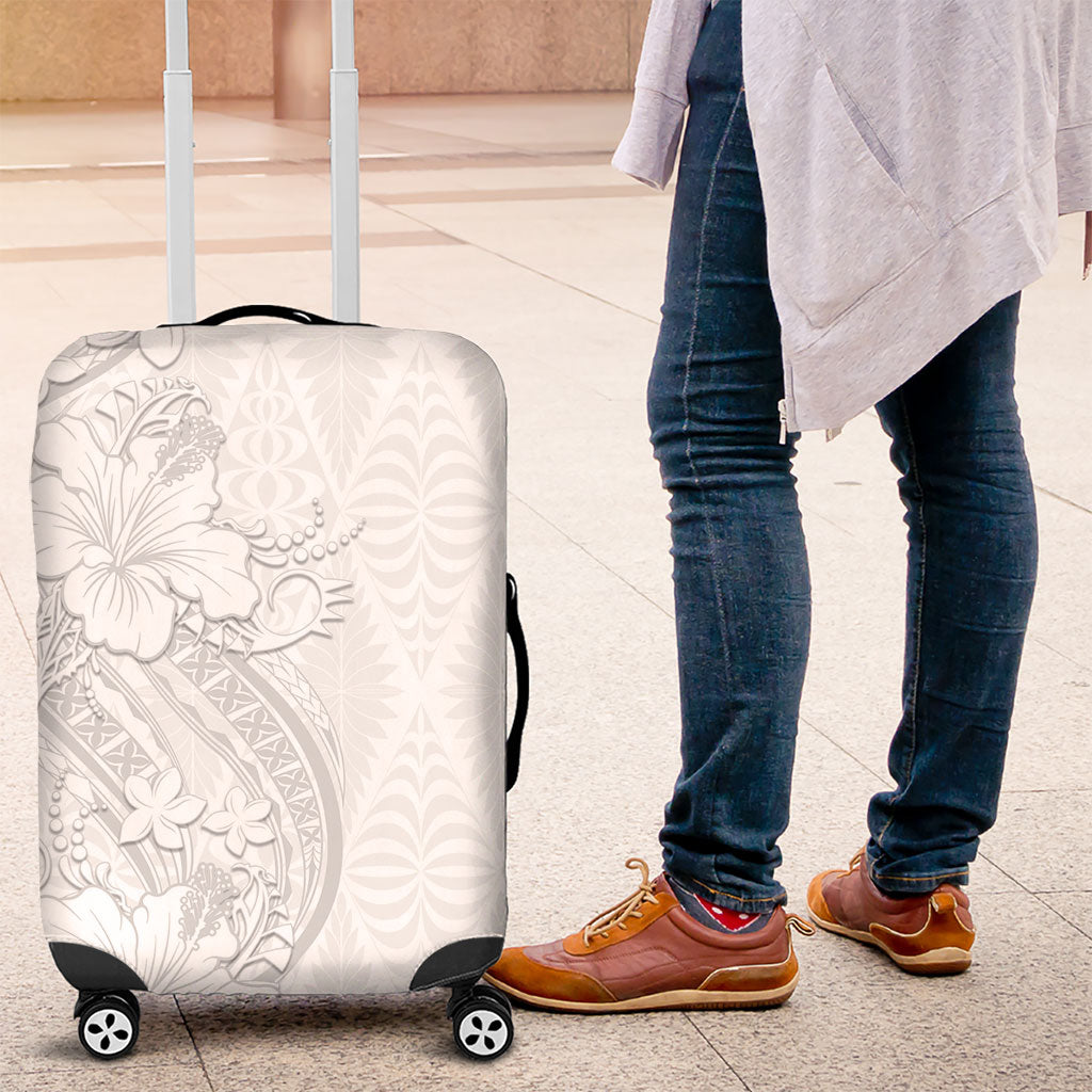 Tokelau White Sunday Luggage Cover Elegant Hibiscus Polynesian Tribal Pattern