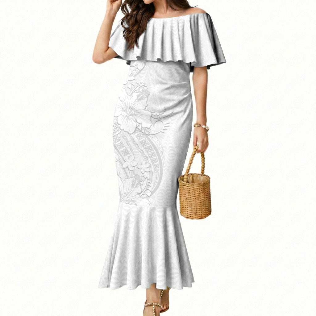 Tokelau White Sunday Mermaid Dress Elegant Hibiscus Polynesian Tribal Pattern