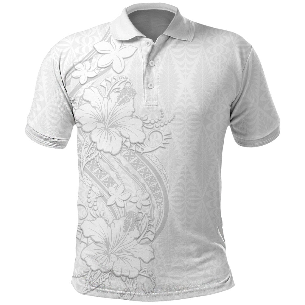 Tokelau White Sunday Polo Shirt Elegant Hibiscus Polynesian Tribal Pattern