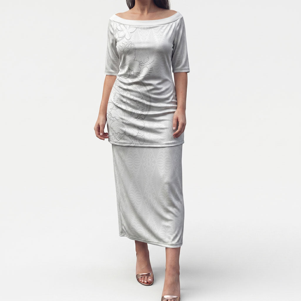 Tokelau White Sunday Puletasi Elegant Hibiscus Polynesian Tribal Pattern