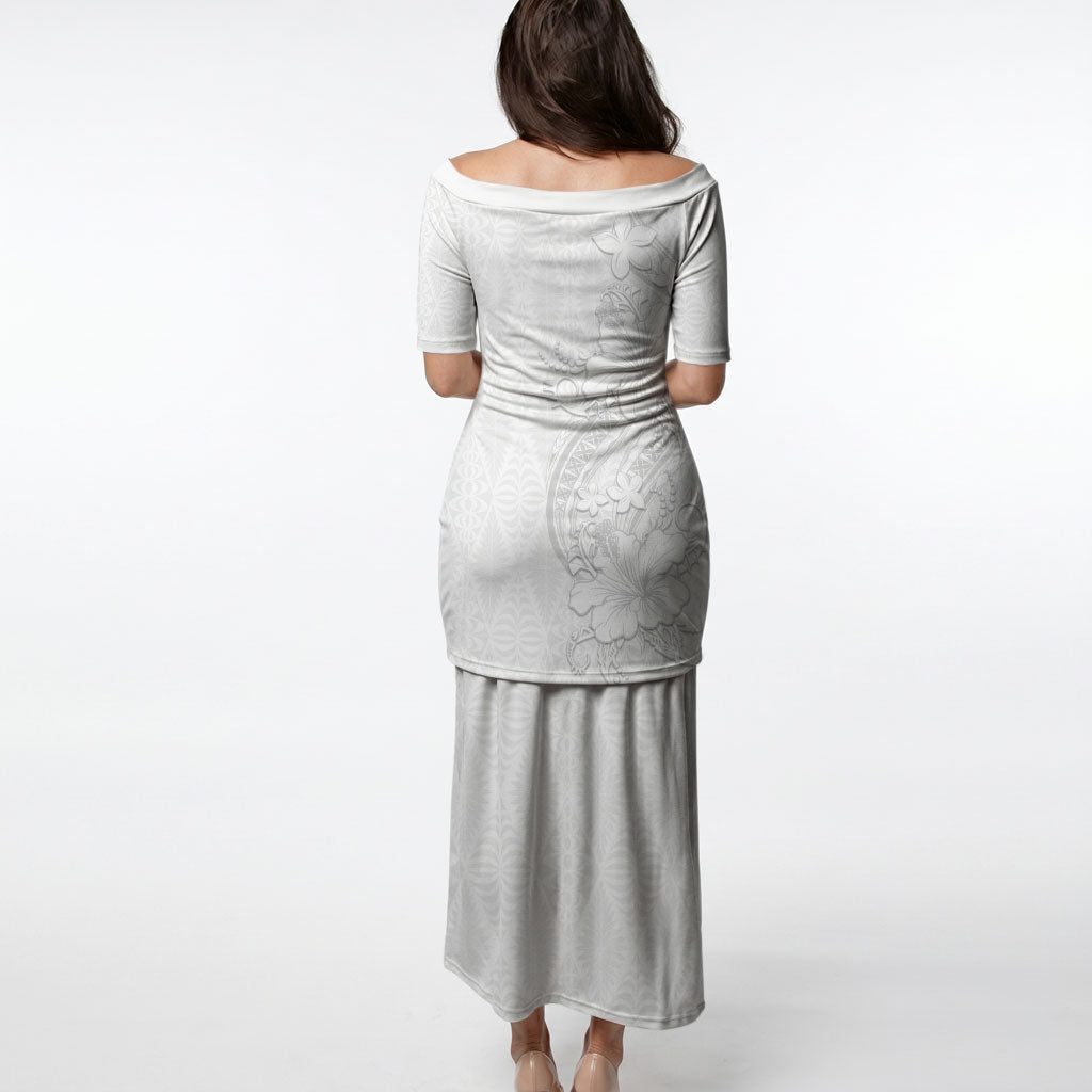 Tokelau White Sunday Puletasi Elegant Hibiscus Polynesian Tribal Pattern