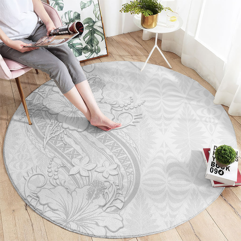 Tokelau White Sunday Round Carpet Elegant Hibiscus Polynesian Tribal Pattern
