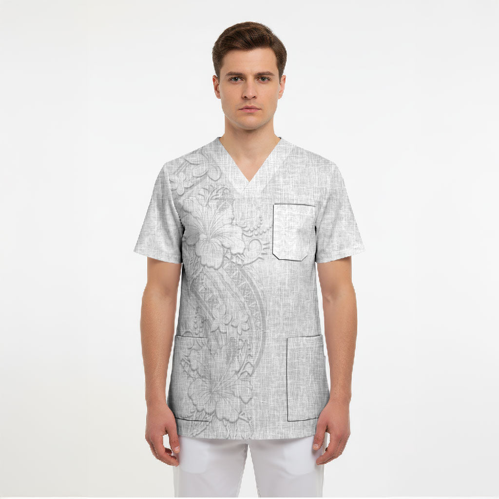 Tokelau White Sunday Scrub Top Elegant Hibiscus Polynesian Tribal Pattern