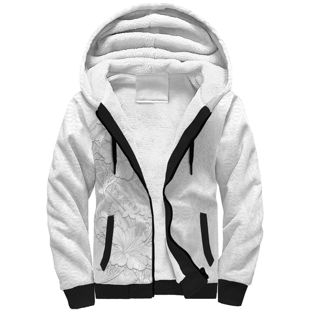 Tokelau White Sunday Sherpa Hoodie Elegant Hibiscus Polynesian Tribal Pattern