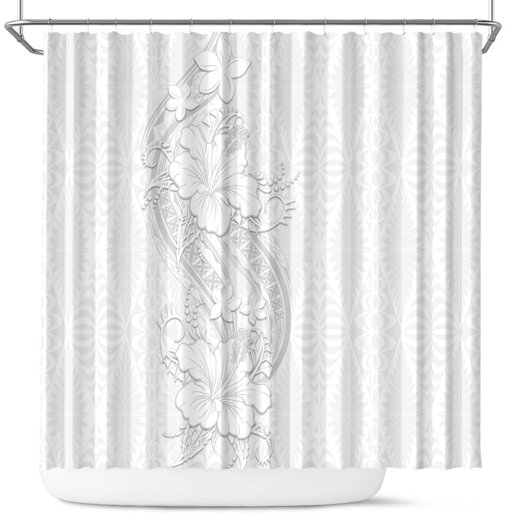 Tokelau White Sunday Shower Curtain Elegant Hibiscus Polynesian Tribal Pattern