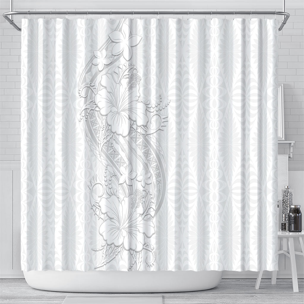 Tokelau White Sunday Shower Curtain Elegant Hibiscus Polynesian Tribal Pattern