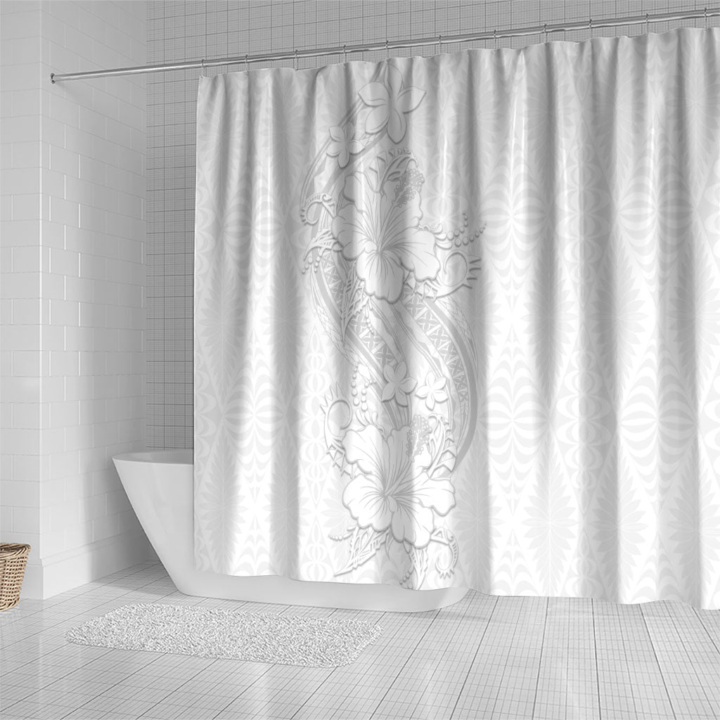 Tokelau White Sunday Shower Curtain Elegant Hibiscus Polynesian Tribal Pattern