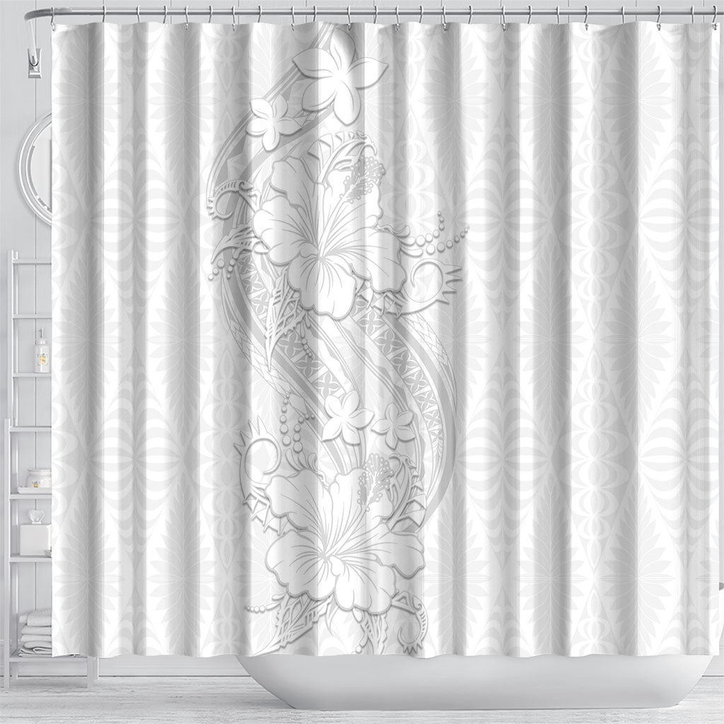 Tokelau White Sunday Shower Curtain Elegant Hibiscus Polynesian Tribal Pattern