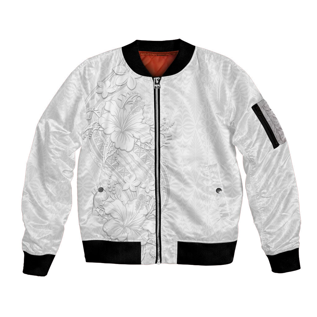 Tokelau White Sunday Sleeve Zip Bomber Jacket Elegant Hibiscus Polynesian Tribal Pattern