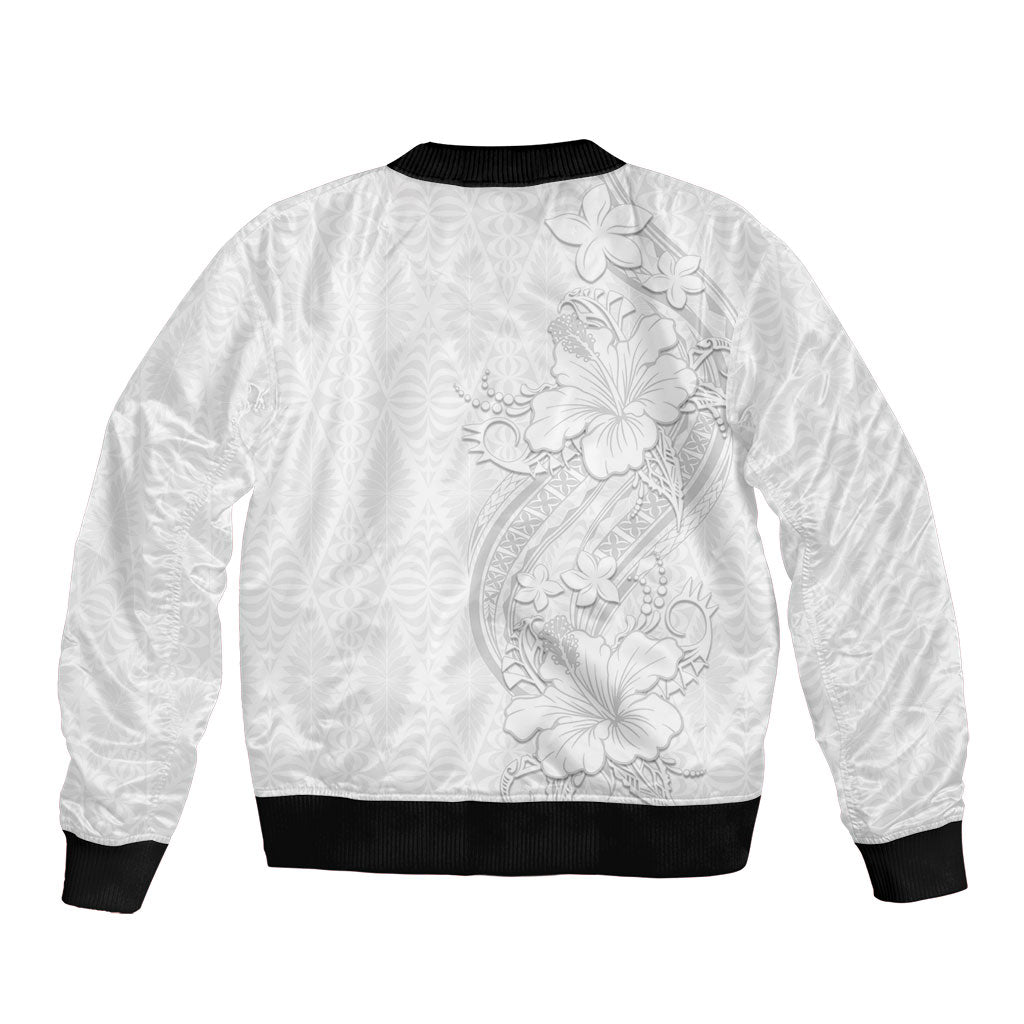 Tokelau White Sunday Sleeve Zip Bomber Jacket Elegant Hibiscus Polynesian Tribal Pattern