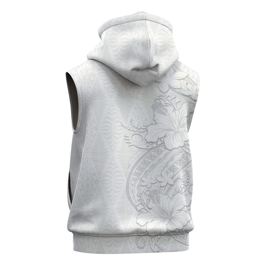 Tokelau White Sunday Sleeveless Hoodie Elegant Hibiscus Polynesian Tribal Pattern