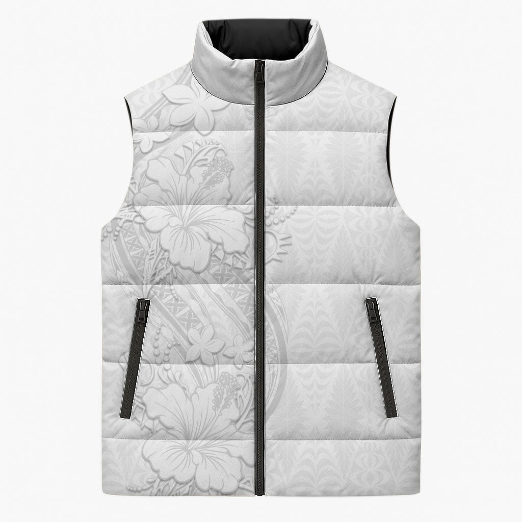 Tokelau White Sunday Sleeveless Puffer Jacket Elegant Hibiscus Polynesian Tribal Pattern