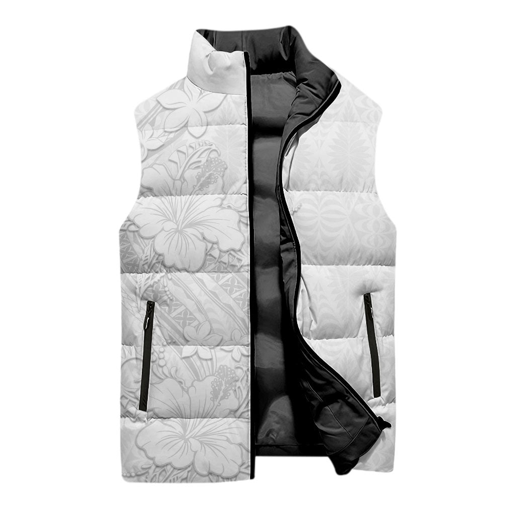 Tokelau White Sunday Sleeveless Puffer Jacket Elegant Hibiscus Polynesian Tribal Pattern