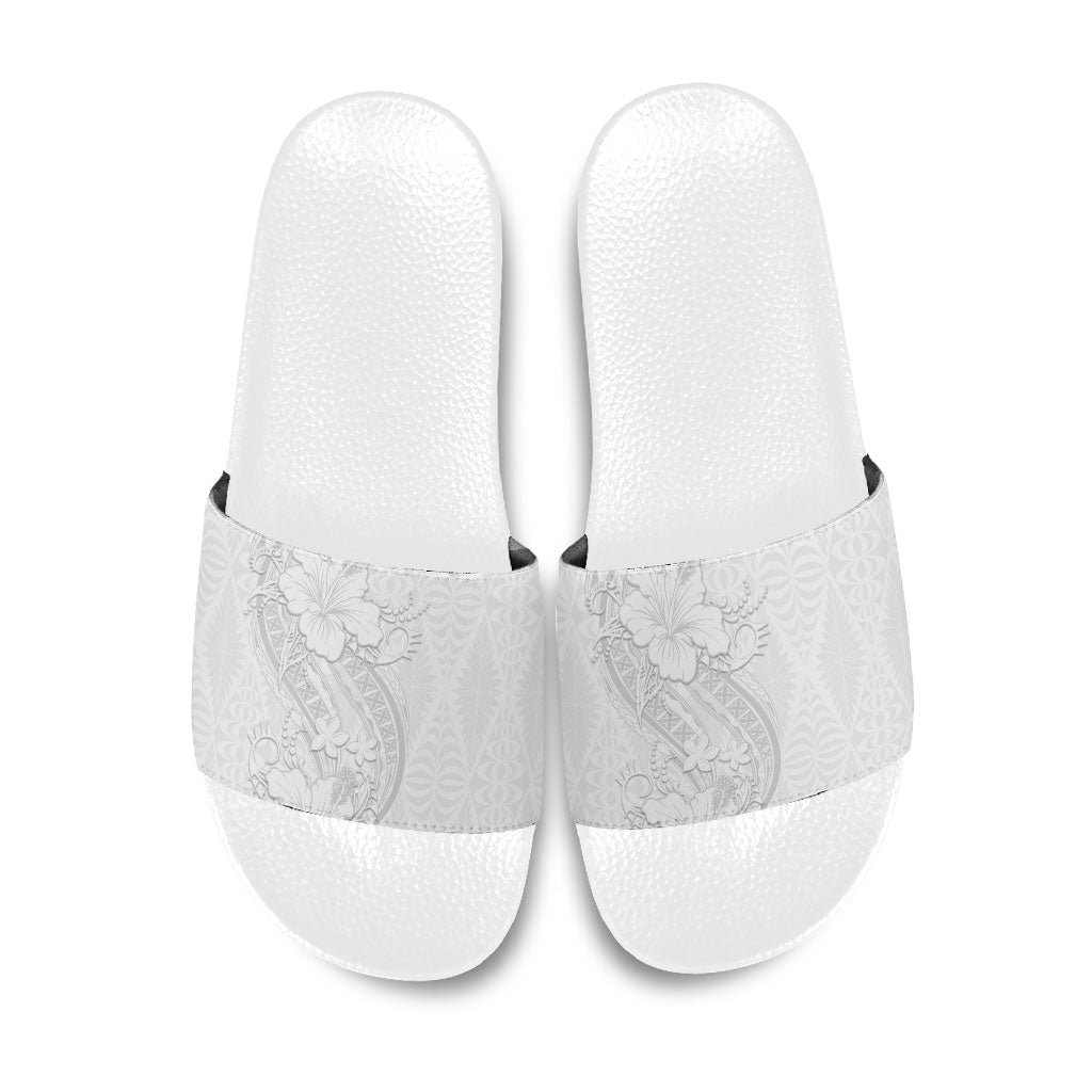 Tokelau White Sunday Slide Sandals Elegant Hibiscus Polynesian Tribal Pattern