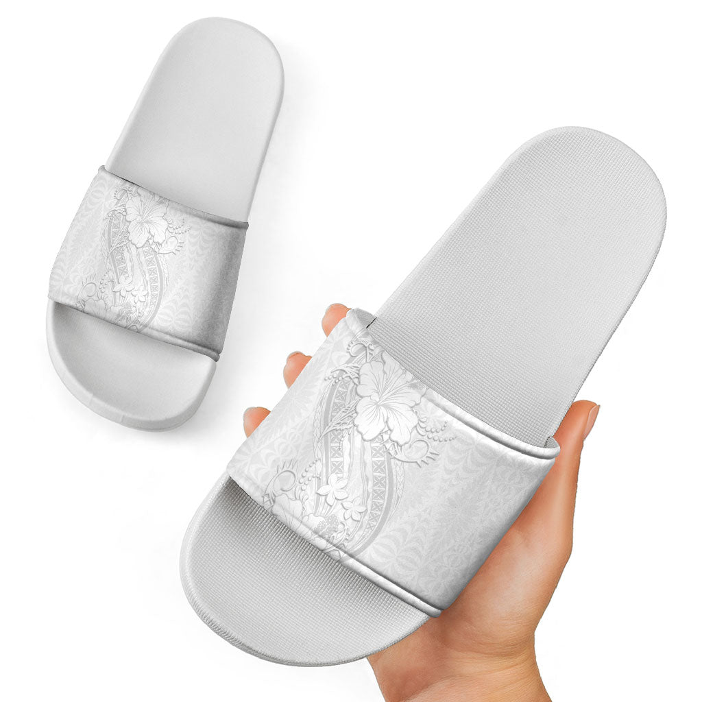 Tokelau White Sunday Slide Sandals Elegant Hibiscus Polynesian Tribal Pattern