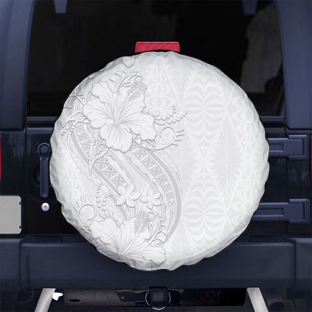 Tokelau White Sunday Spare Tire Cover Elegant Hibiscus Polynesian Tribal Pattern