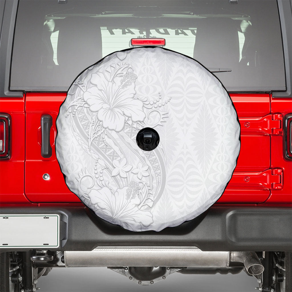 Tokelau White Sunday Spare Tire Cover Elegant Hibiscus Polynesian Tribal Pattern