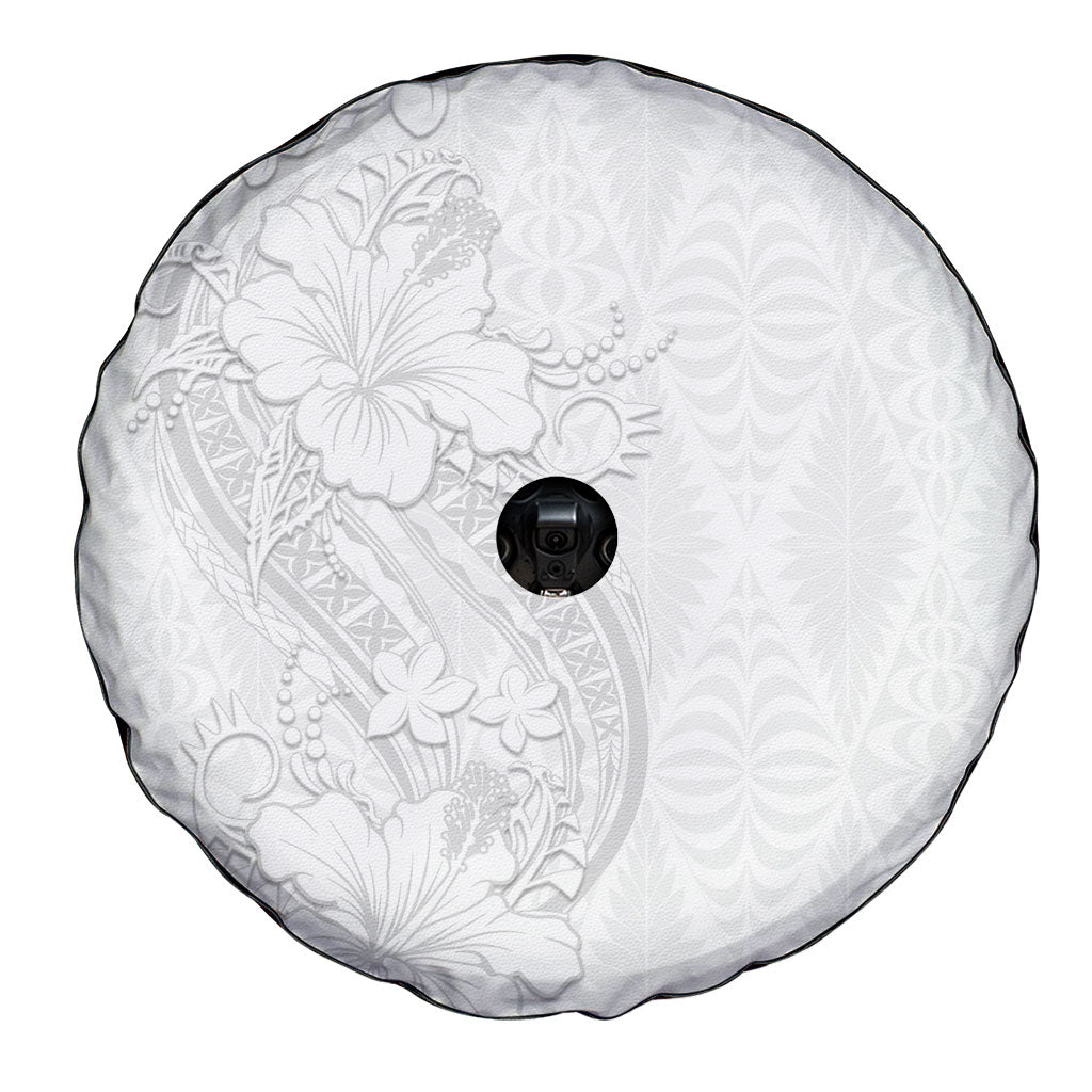 Tokelau White Sunday Spare Tire Cover Elegant Hibiscus Polynesian Tribal Pattern