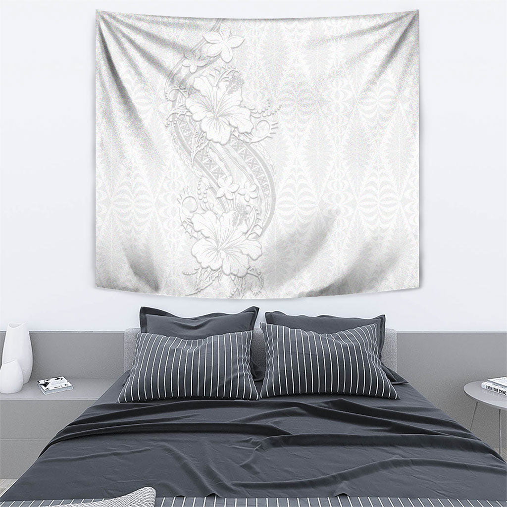 Tokelau White Sunday Tapestry Elegant Hibiscus Polynesian Tribal Pattern
